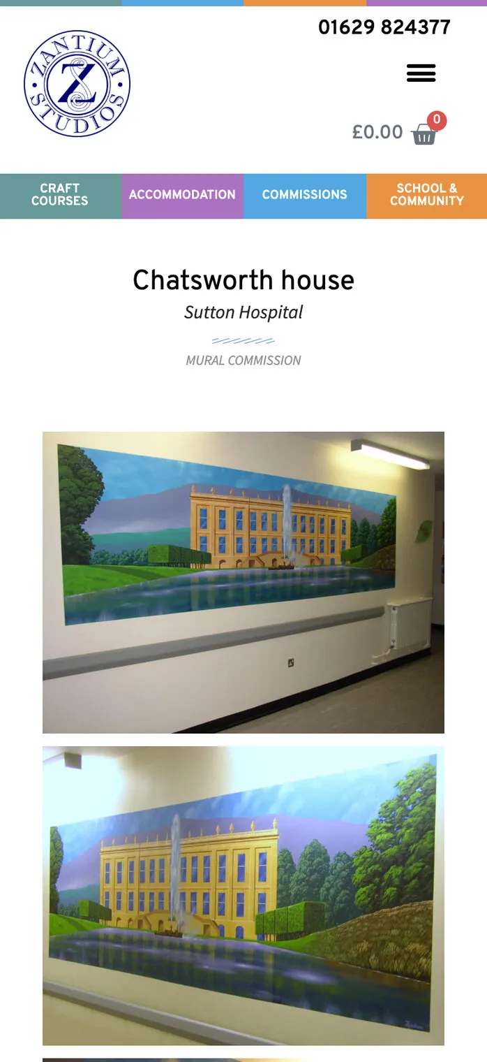 A mural of Chatsworth House painted for Sutton Hospital, on a phone