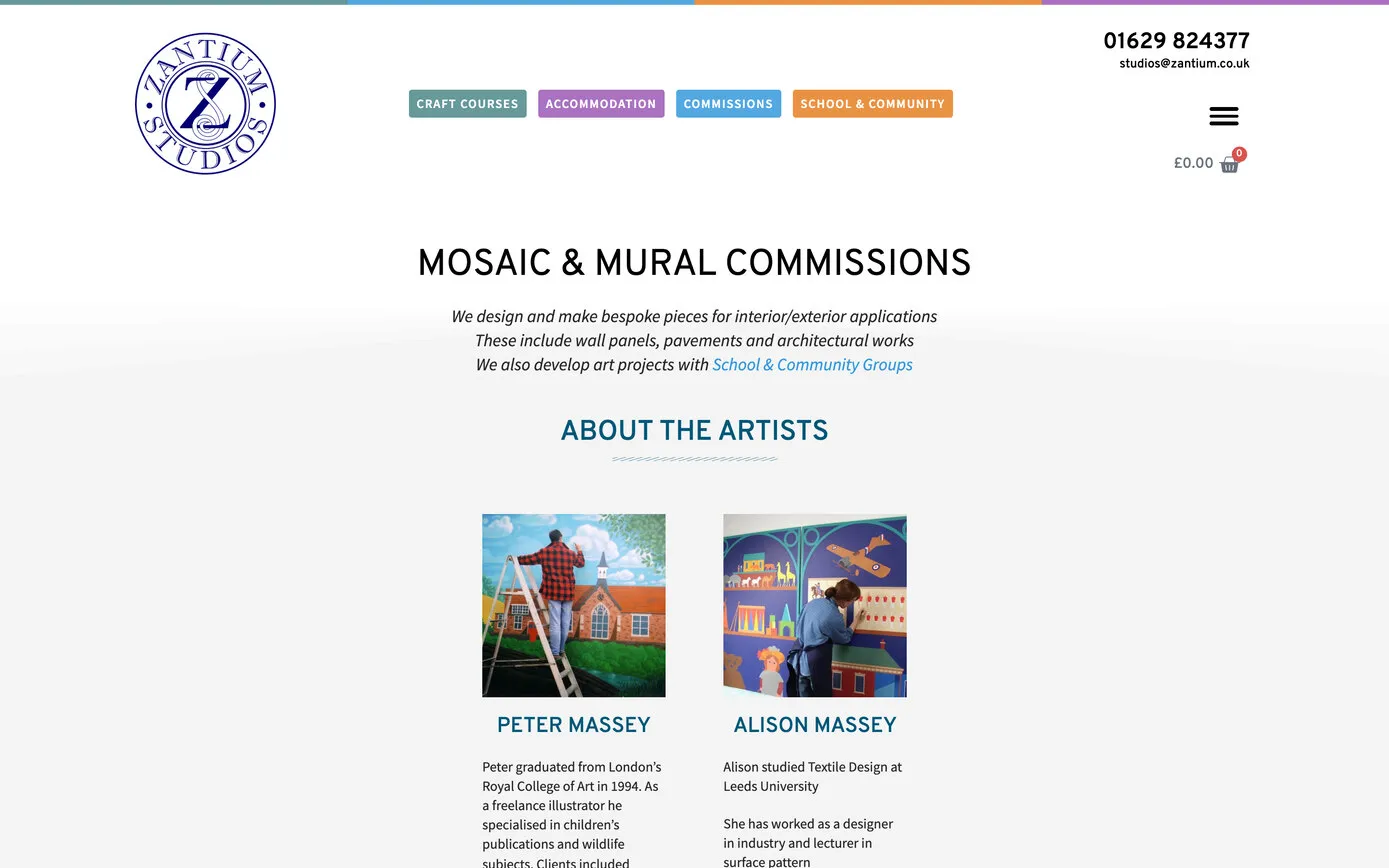 The mosaic and mural commissions page, with photographs of Peter and Alison painting murals