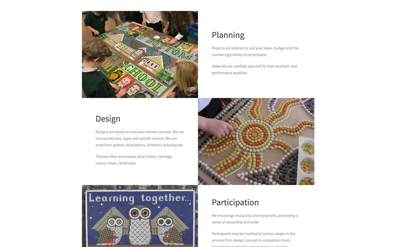 The school and community projects page: planning, design and participation, each beside a photograph of a school mosaic