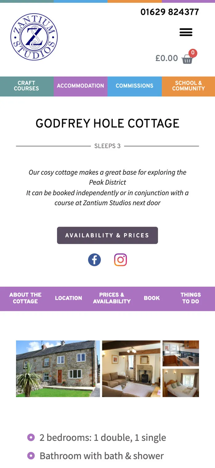 Godfrey Hole Cottage’s page on a phone, with an availability and prices button