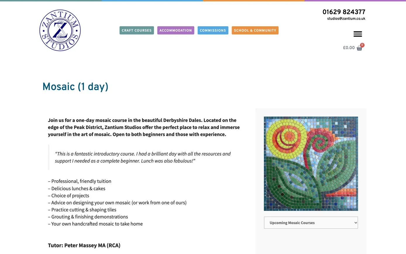 The Mosaic (1 day) course page: a description, a list of upcoming mosaic dates and a photograph of a finished mosaic panel