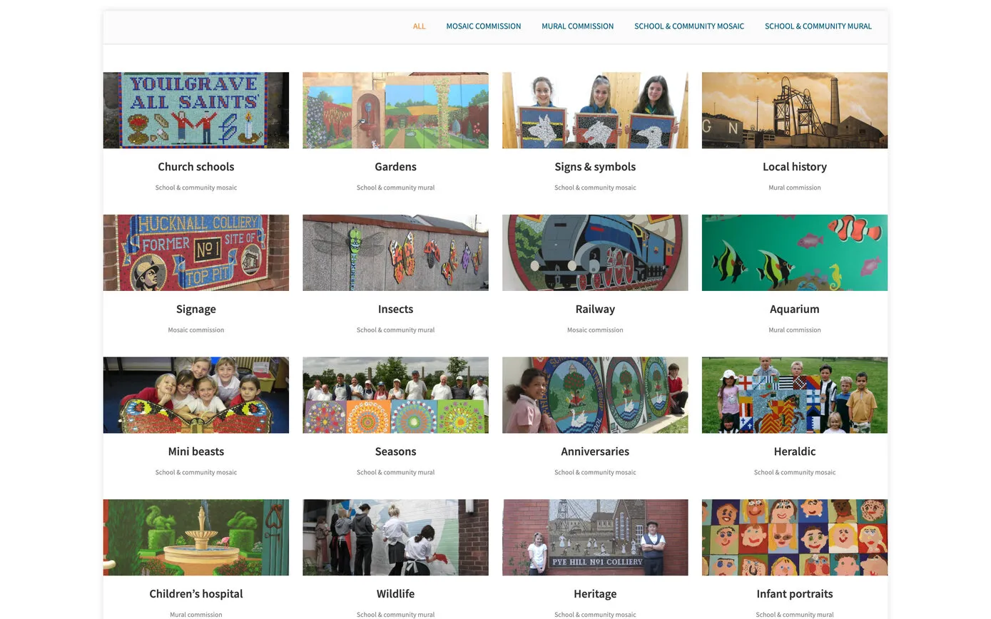 The gallery: a grid of school and community murals and mosaics, with a filter for each type of work