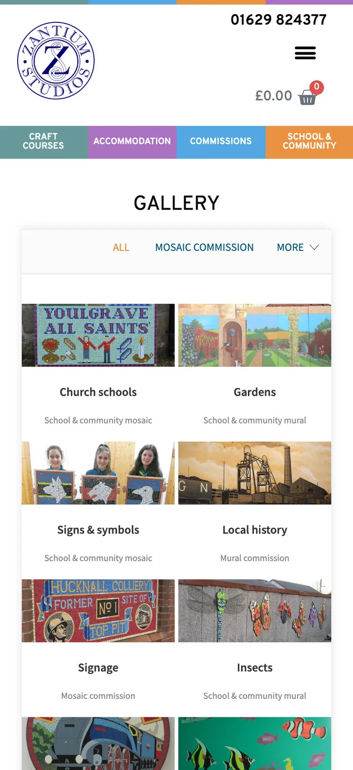 The gallery on a phone: school and community murals and mosaics, two to a row