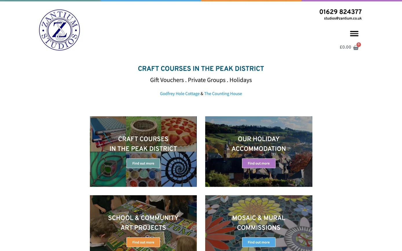 The Zantium Studios homepage on a desktop browser: the round Z logo above four photo tiles for craft courses, holiday accommodation, school and community projects, and commissions