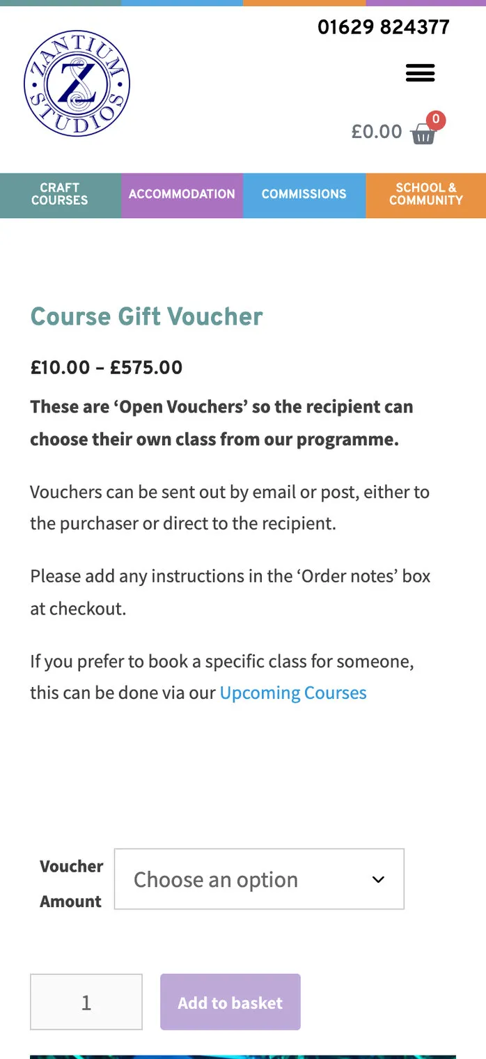 The course gift voucher page on a phone